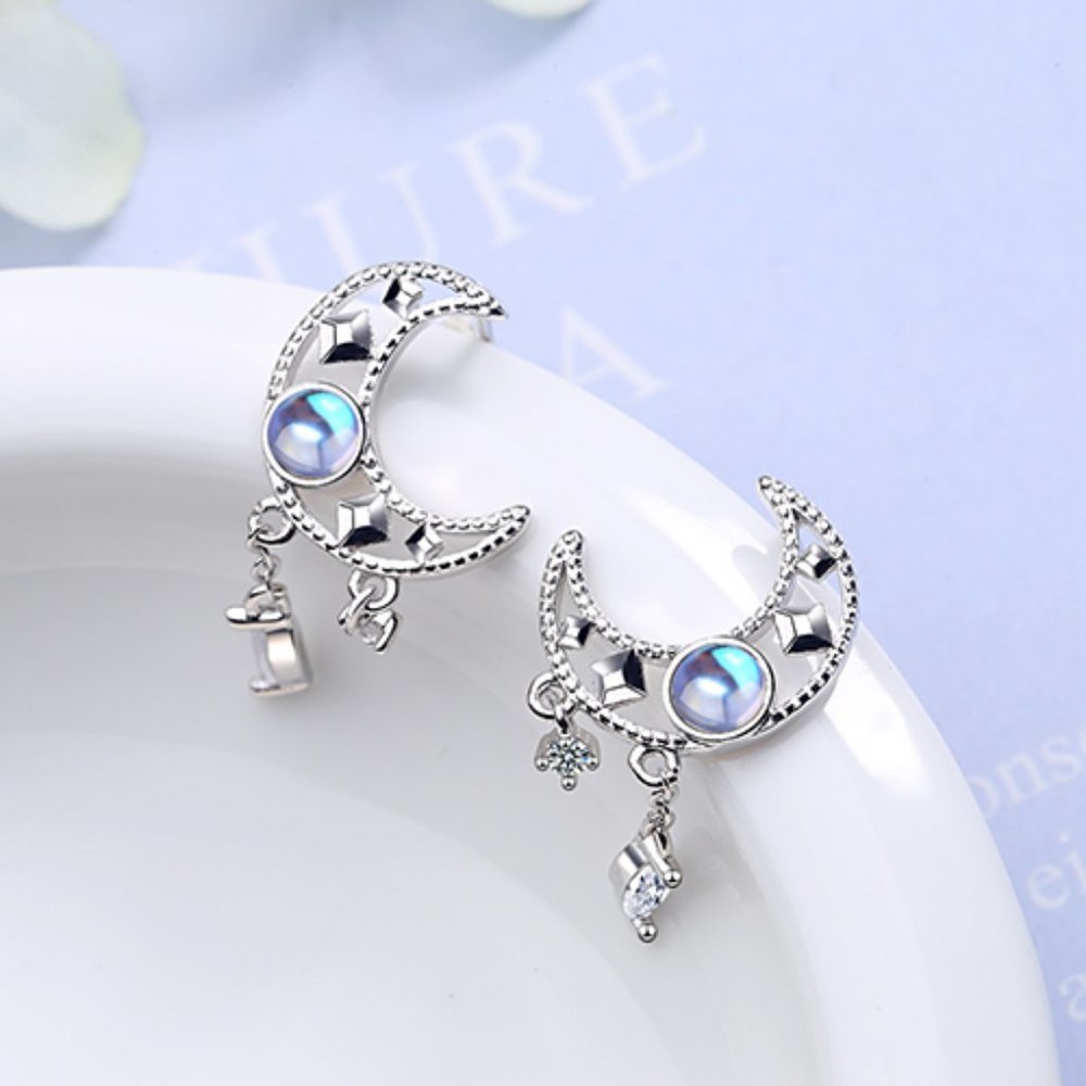 NEW 925 Sterling Silver Diamond Moon Earrings - Picture 4 of 8